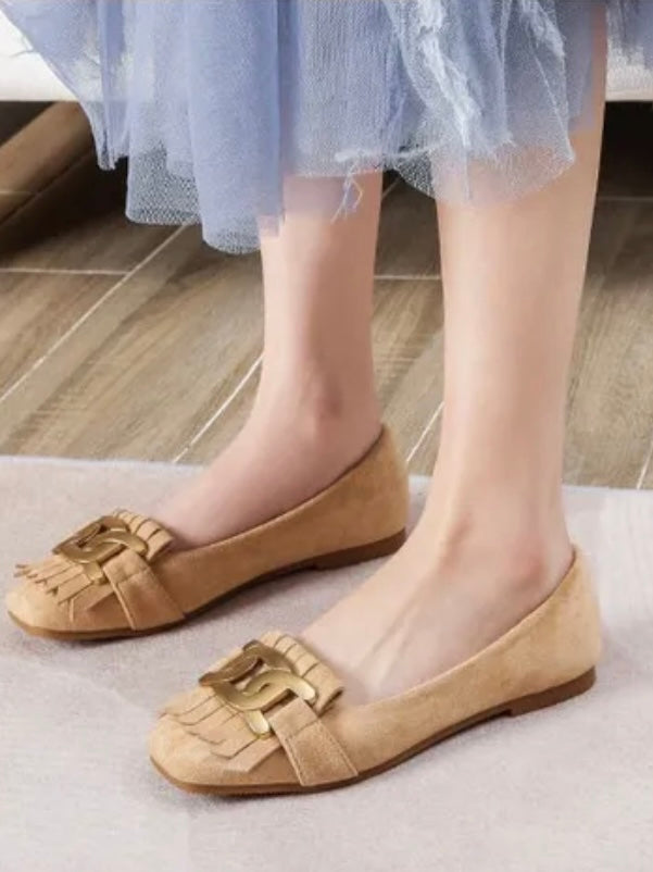 Beige gold chain slip on flats loafers shoes