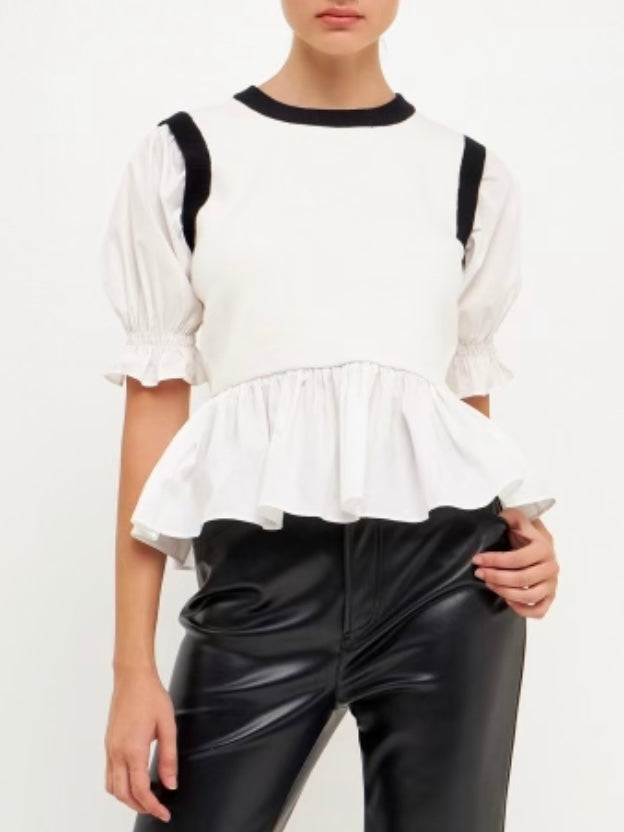 White and black puff sleeves ruffle top