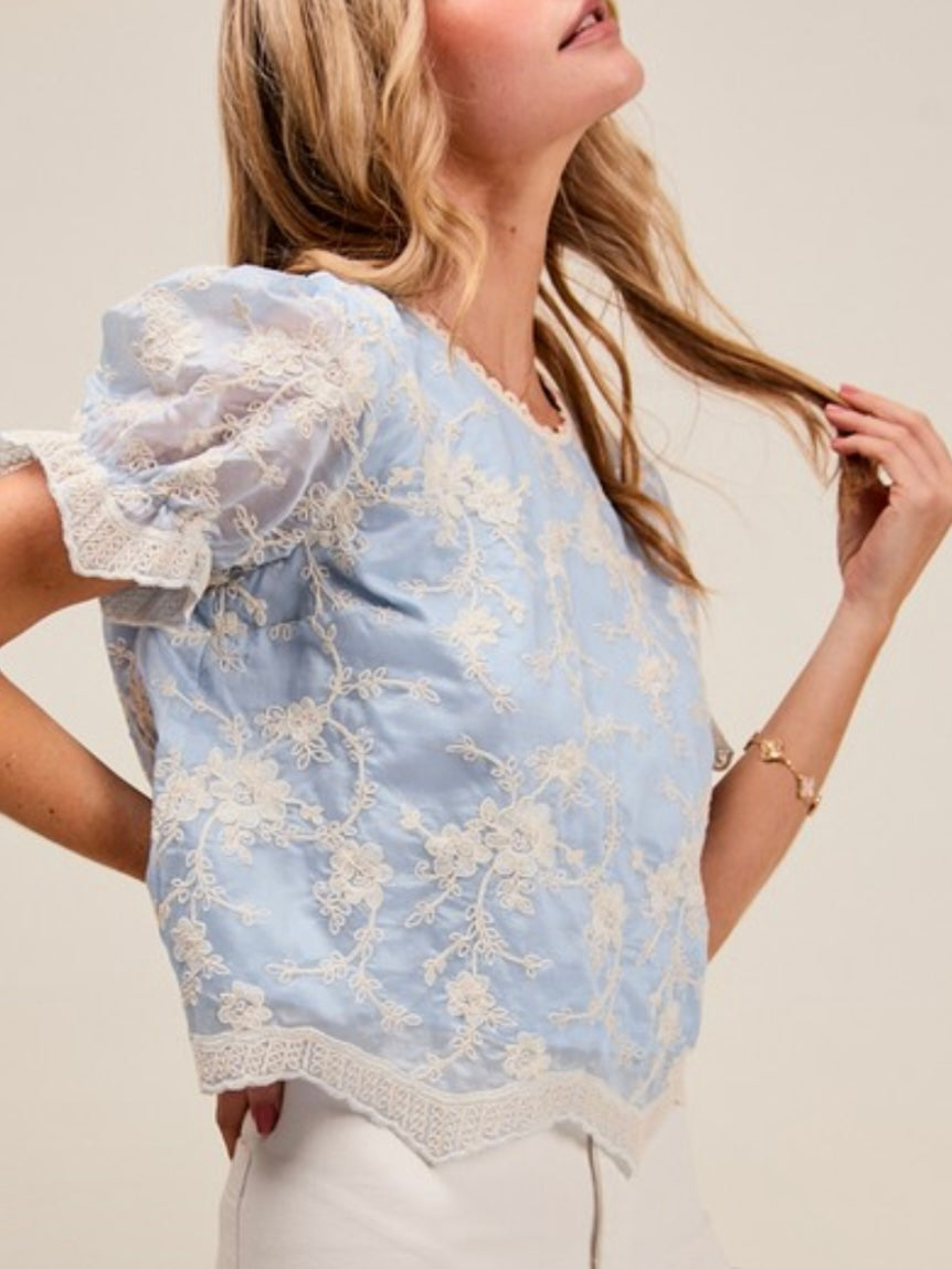 Light blue floral embroidered ruffled top