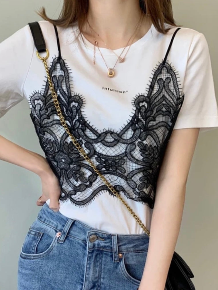 White T-shirt black lace double layer
