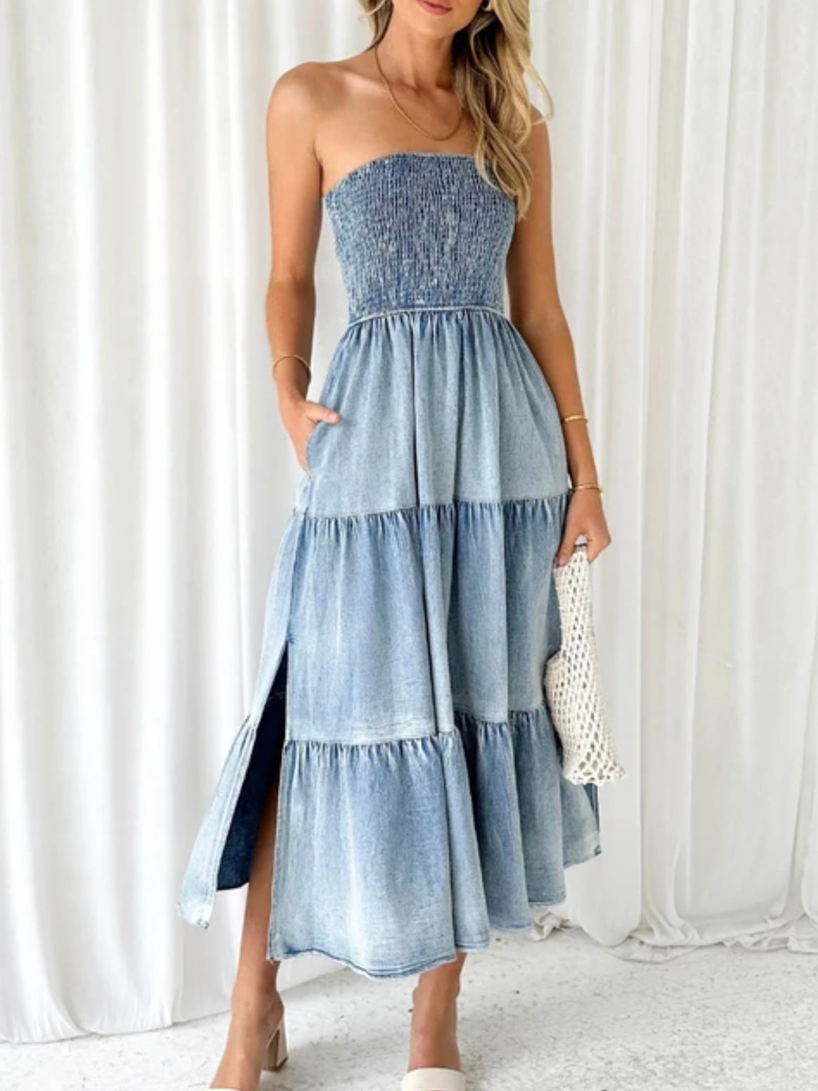 Light blue denim ruched strapless tube maxi dress