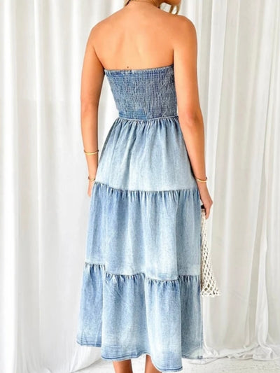 Light blue denim ruched strapless tube maxi dress