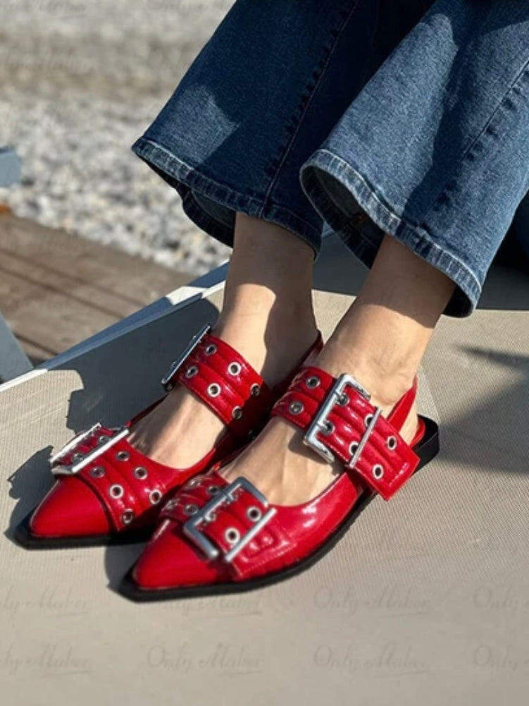 Red buckle slingshot flats shoes