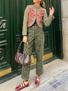 Olive green and red embroidered details pants