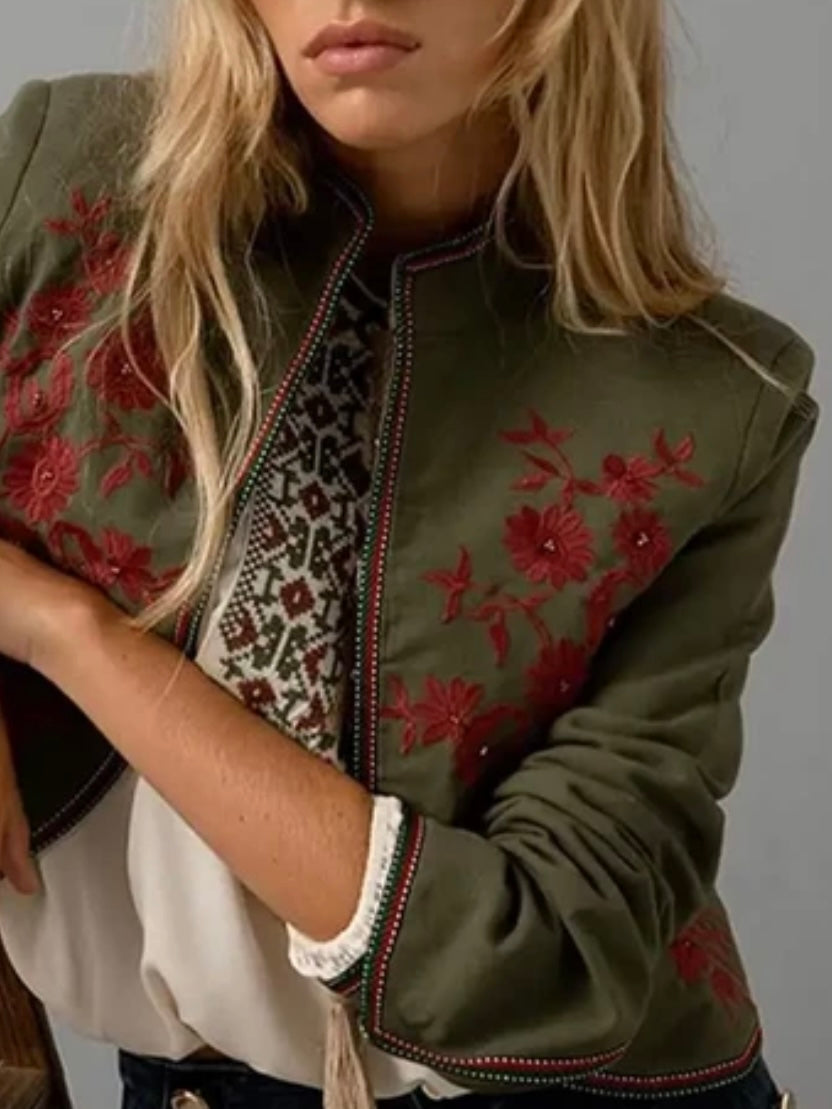 Olive green and red embroidered details jacket