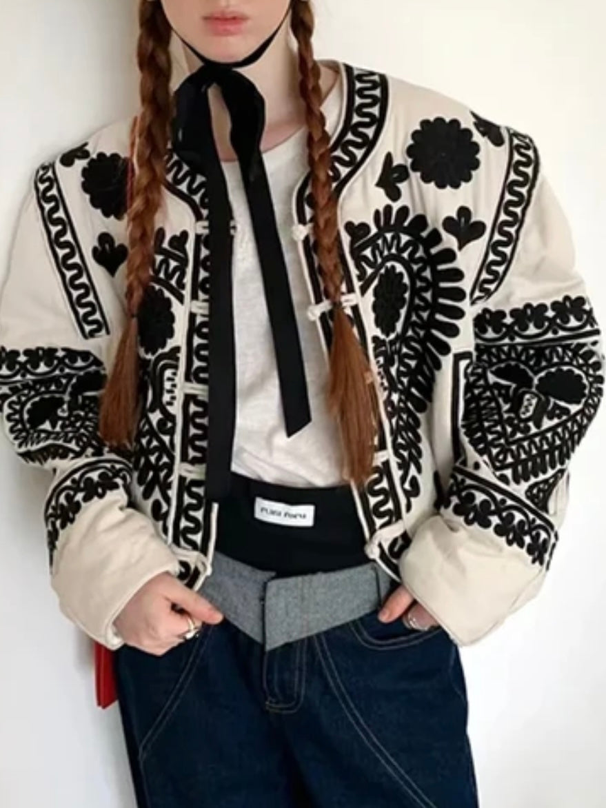 Black and white embroidered details bomber jacket