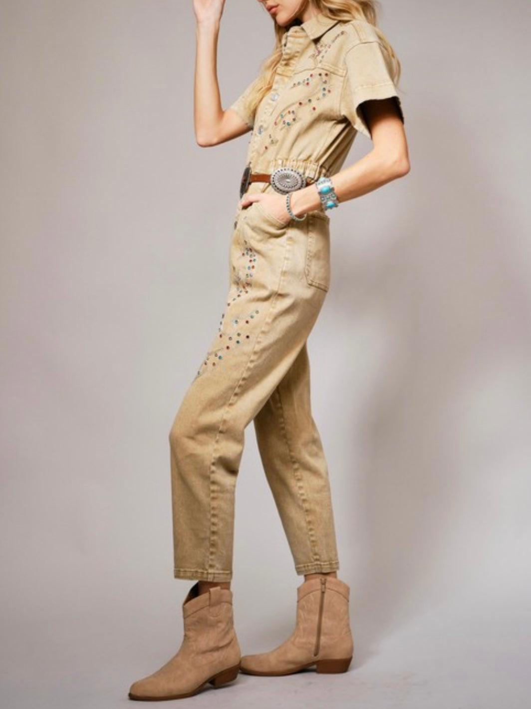 Beige jeans jumpsuit colorful stud details