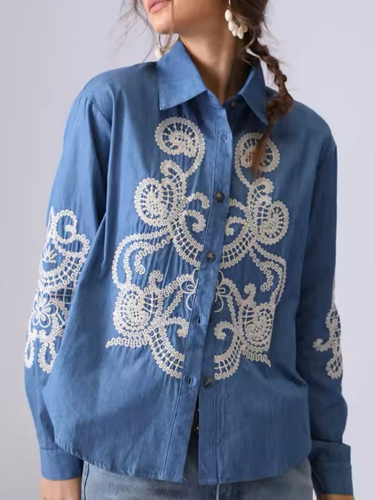 Blue and white embroidered floral shirt
