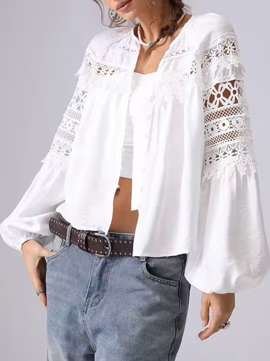 White lace cutout shirt