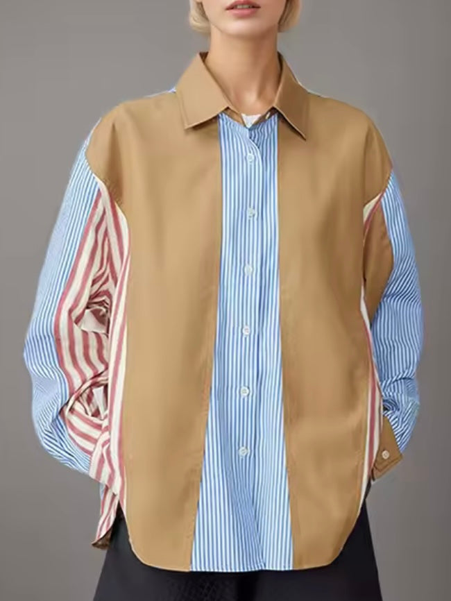 Beige and blue striped V-neckline mix fabrics shirt