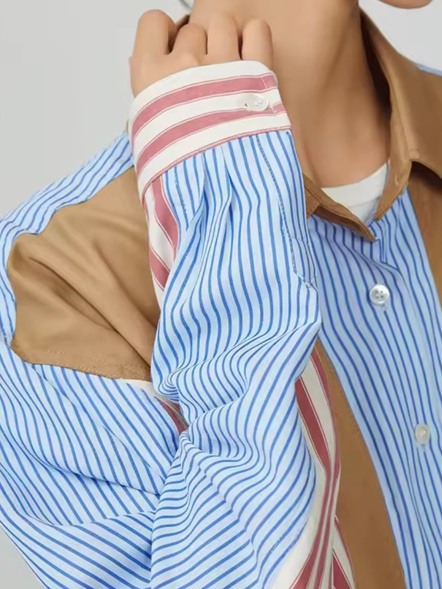 Beige and blue striped V-neckline mix fabrics shirt