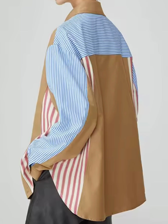 Beige and blue striped V-neckline mix fabrics shirt