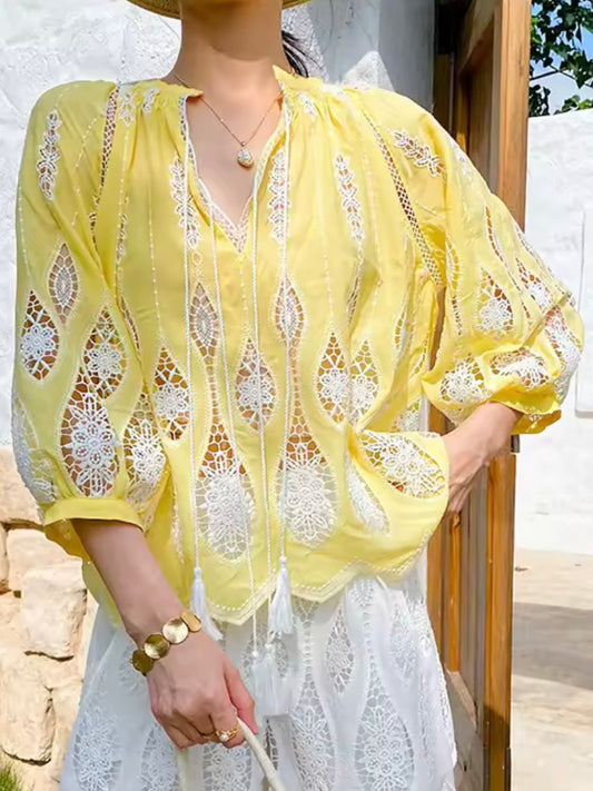 Yellow and white embroidered shirt