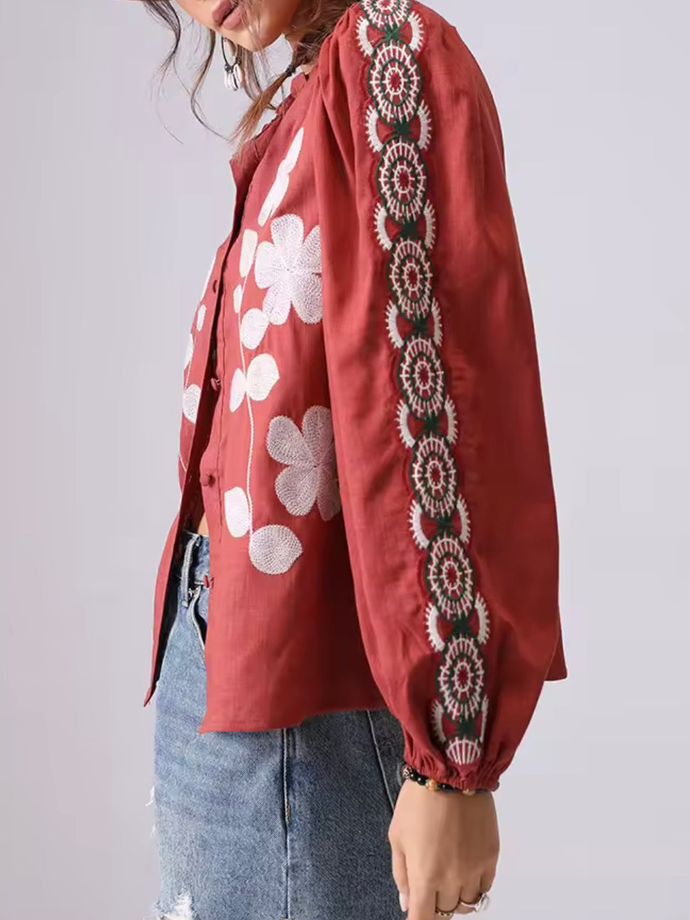 Burgundy and white embroidered floral shirt