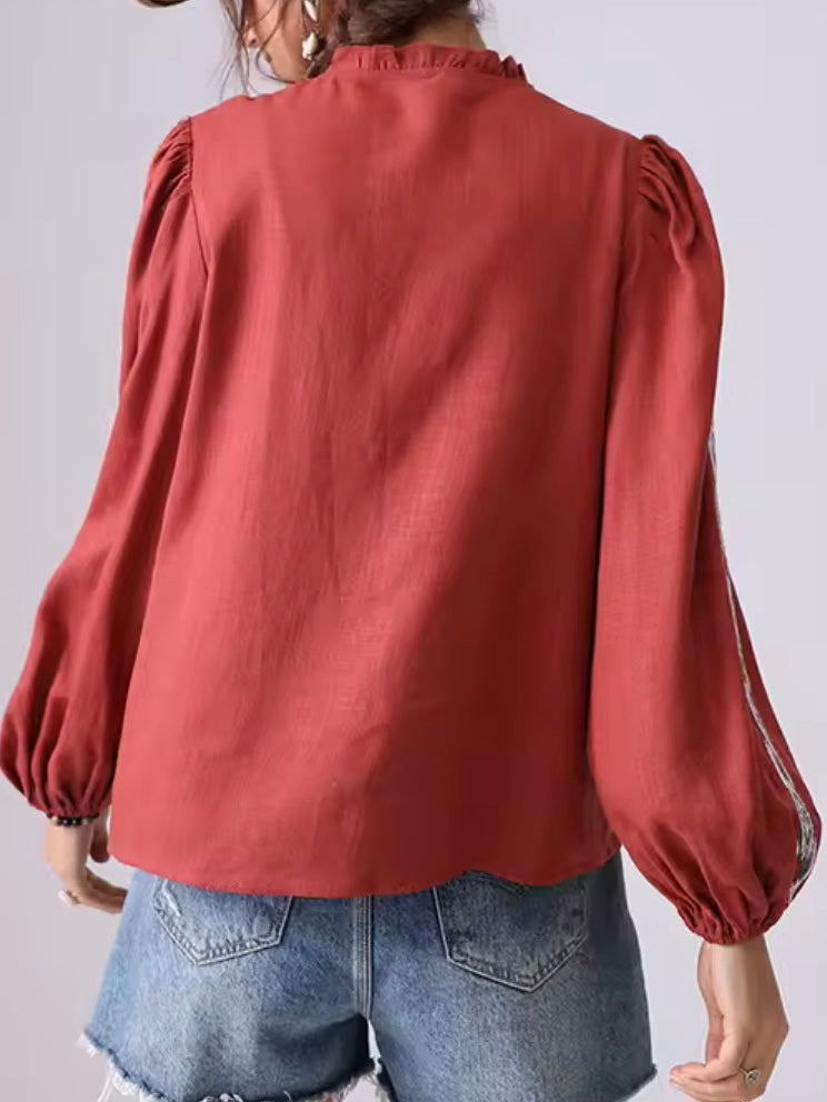 Burgundy and white embroidered floral shirt