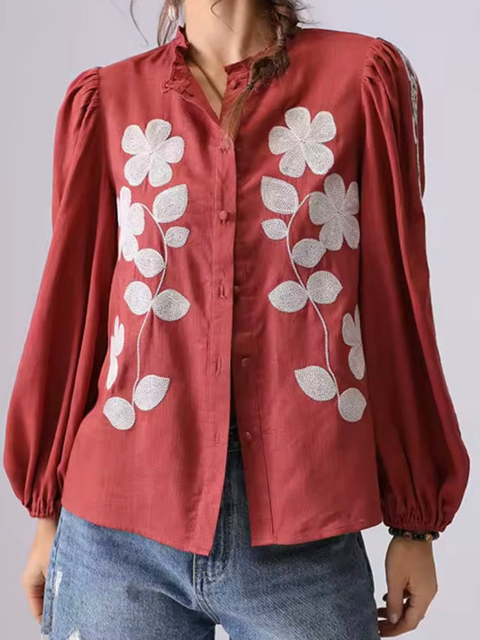 Burgundy and white embroidered floral shirt