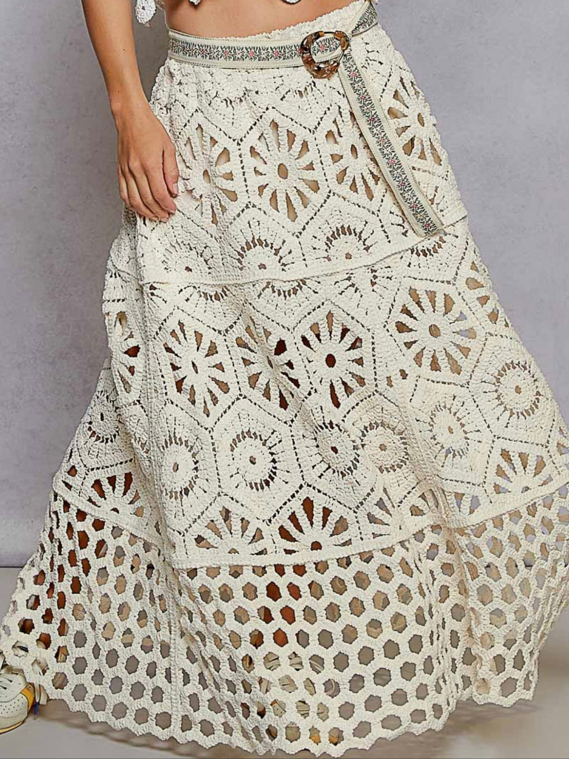 Beige lace crochet maxi skirt