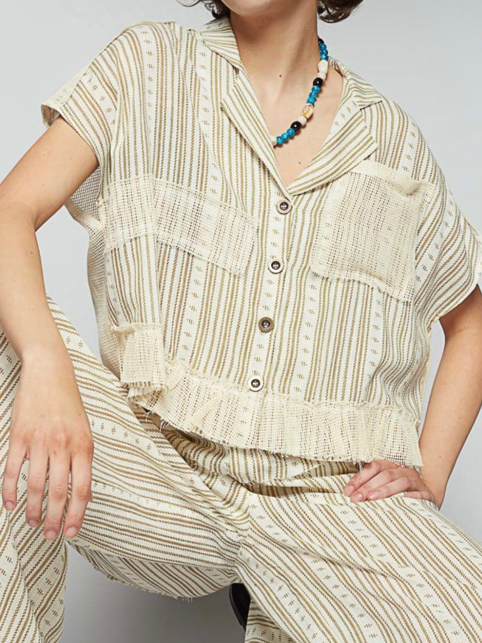 Beige boho striped pattern pants and shirt set