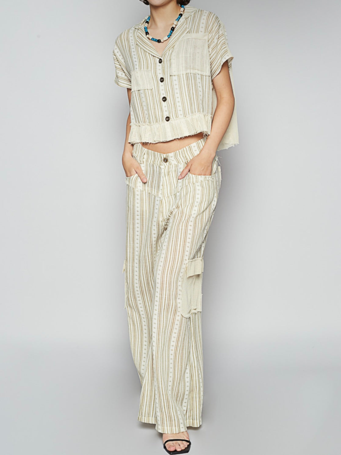 Beige boho striped pattern pants and shirt set