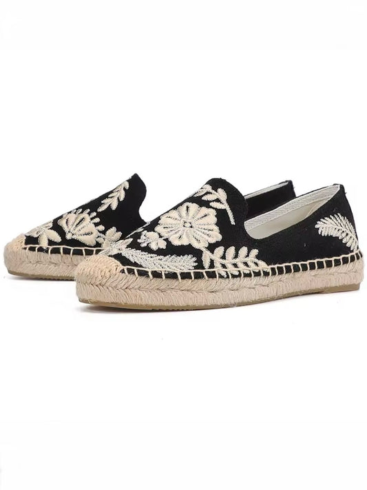 Black and beige floral espadrilles flats shoes