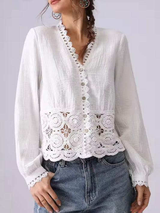 White lace cutout shirt wavy edge