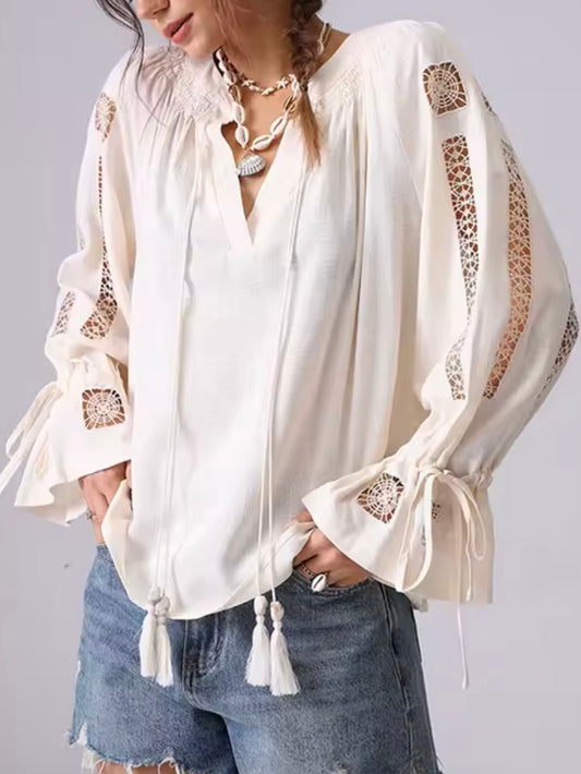 Beige lace cutout shirt flare cuffs