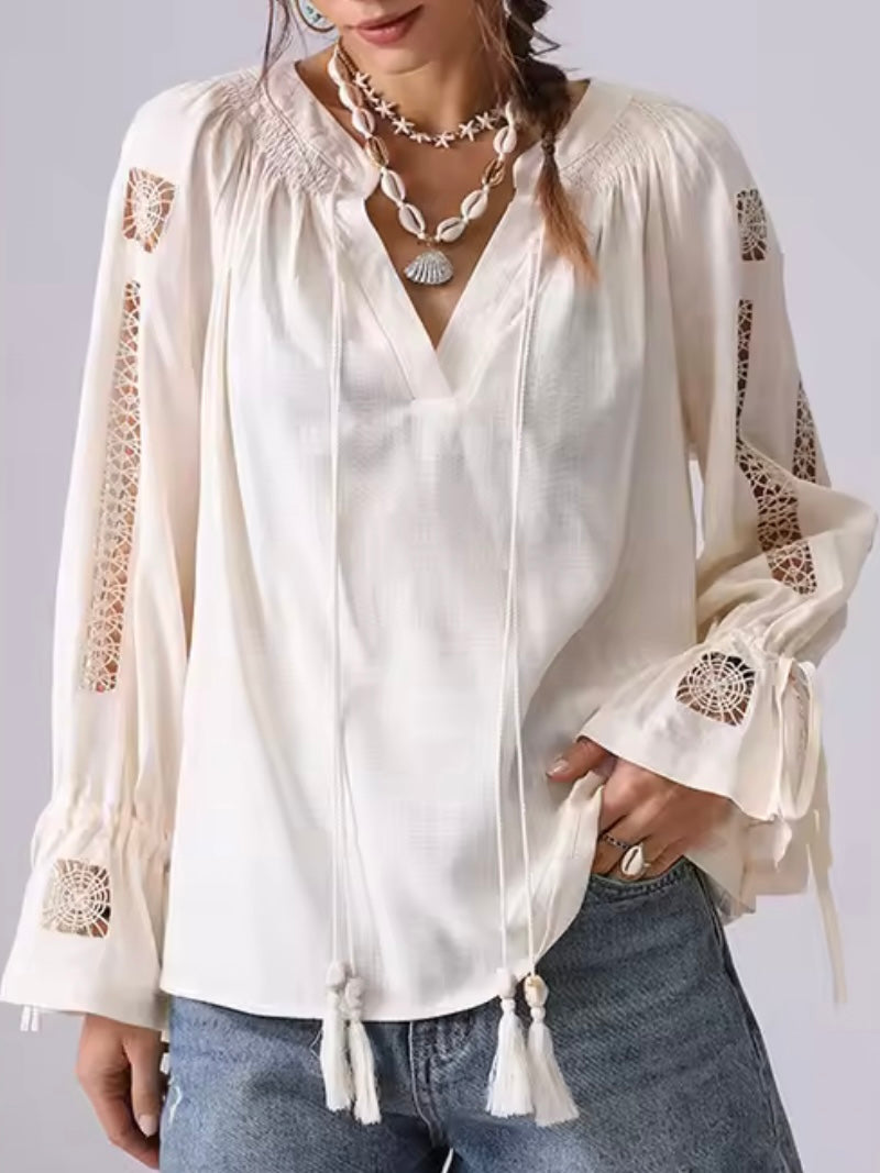 Beige lace cutout shirt flare cuffs