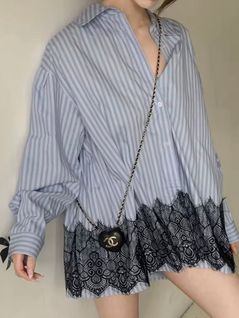Light blue oversized striped printed and black lace shirt