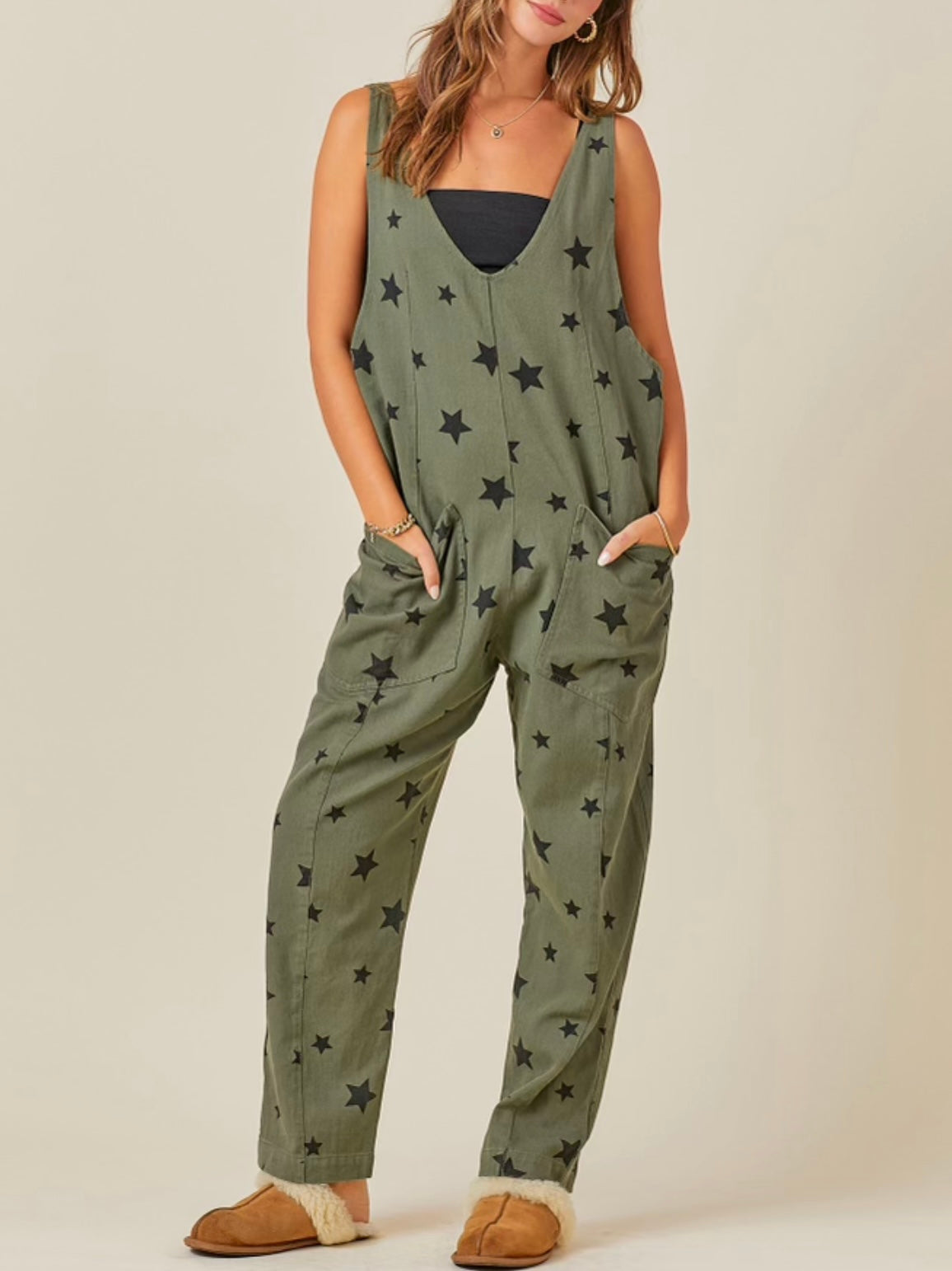 Olive green stars print jumper