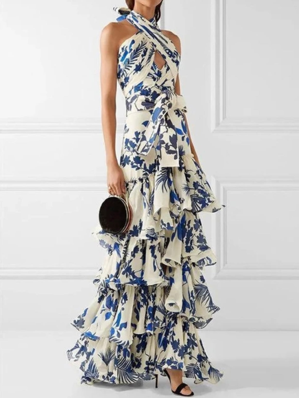 White and blue floral printed layered maxi dress