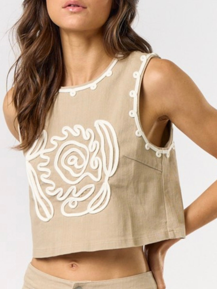 Beige and white floral embroidered texture top