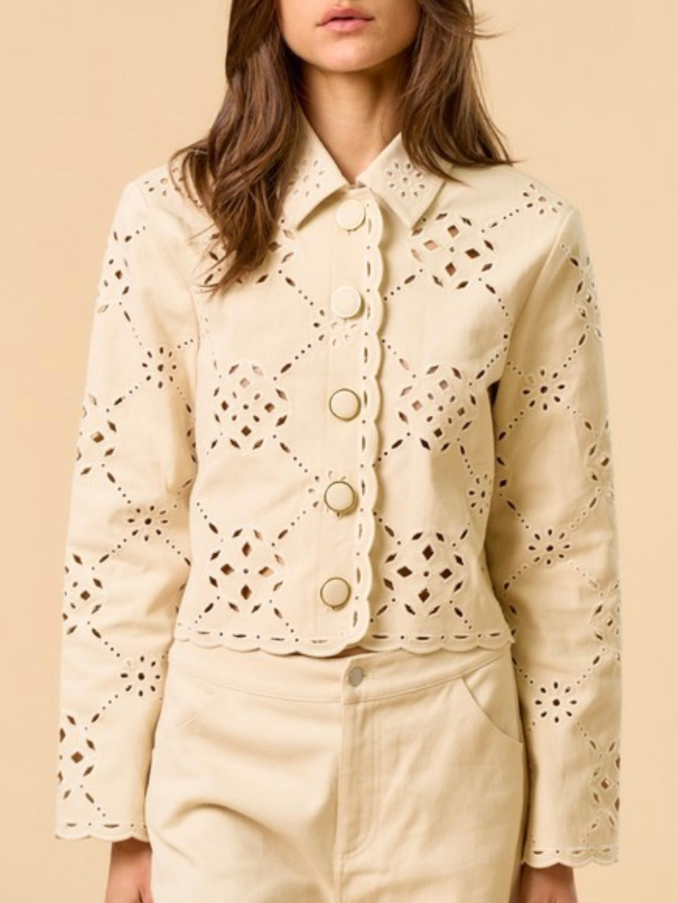 Beige lace cutout shirt