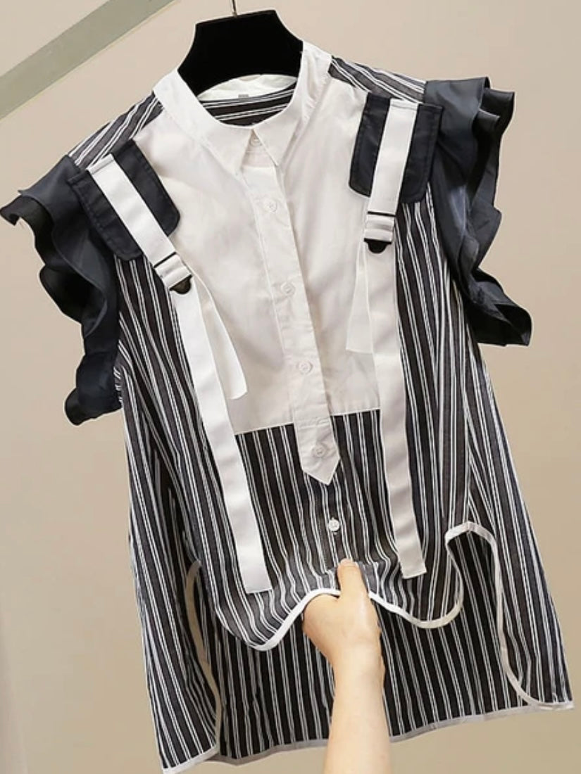 Black and white stripes round neck mix fabrics shirt