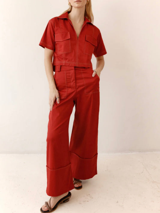 Red denim straight pants