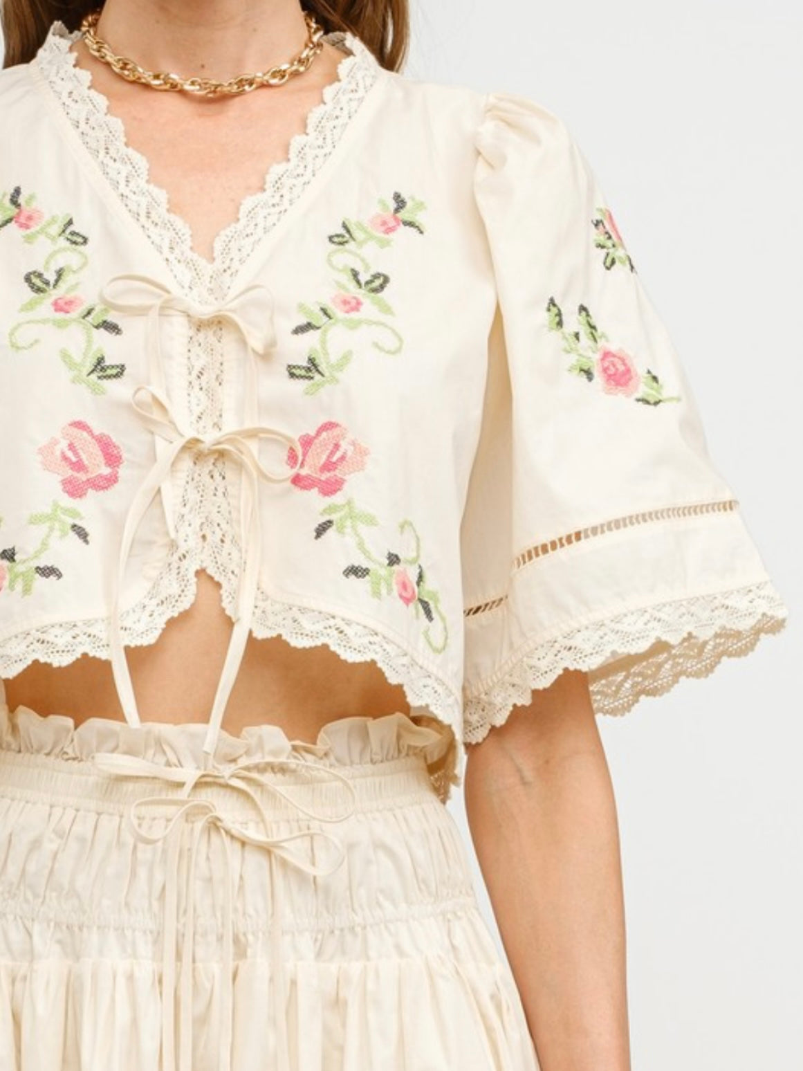 Beige floral crop top blouse