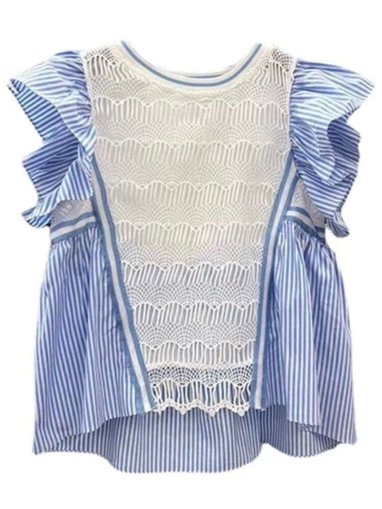 Light blue and white crochet striped round neck mix fabrics shirt
