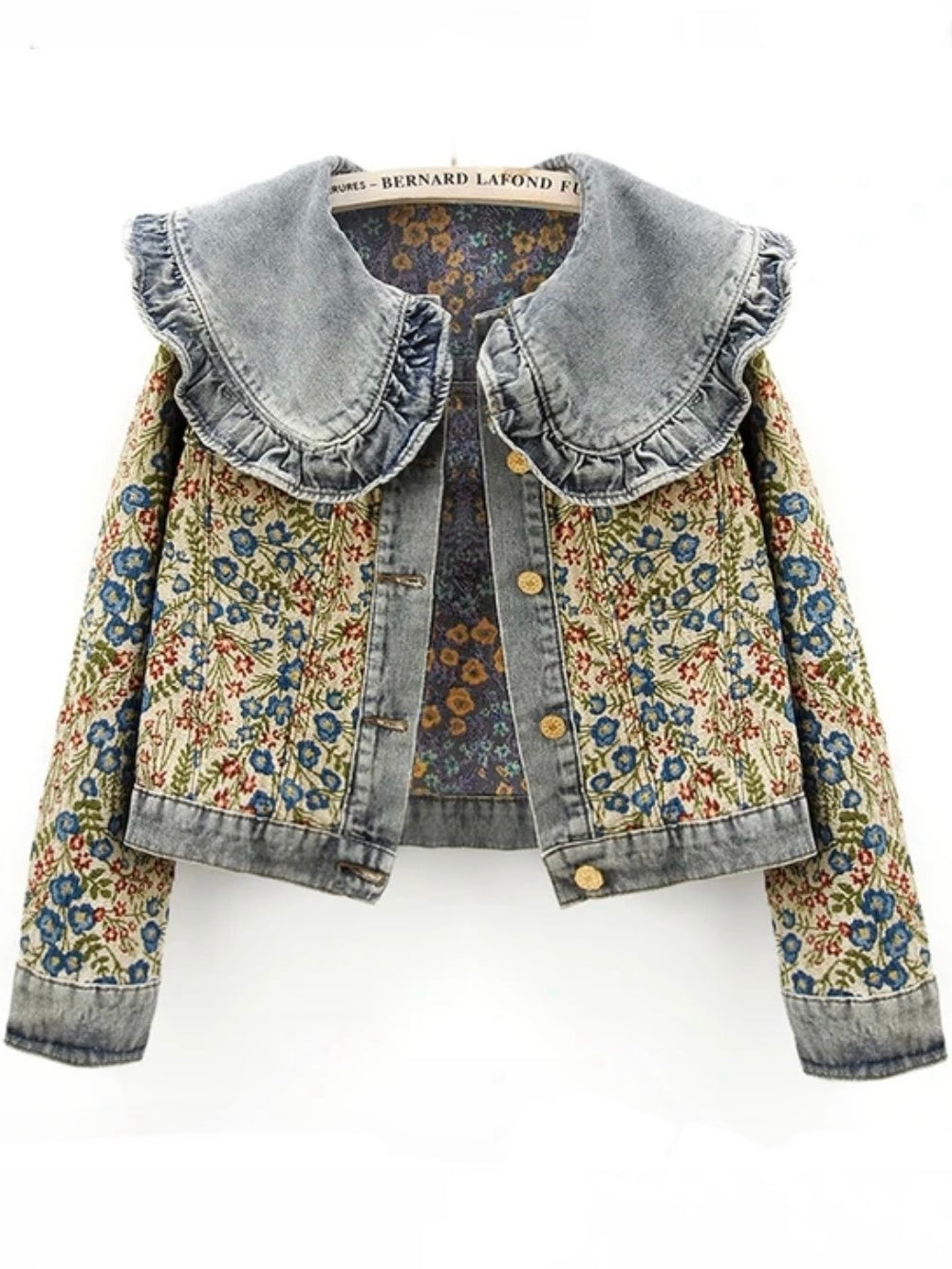 Mid blue floral embroidered jeans flaps jacket
