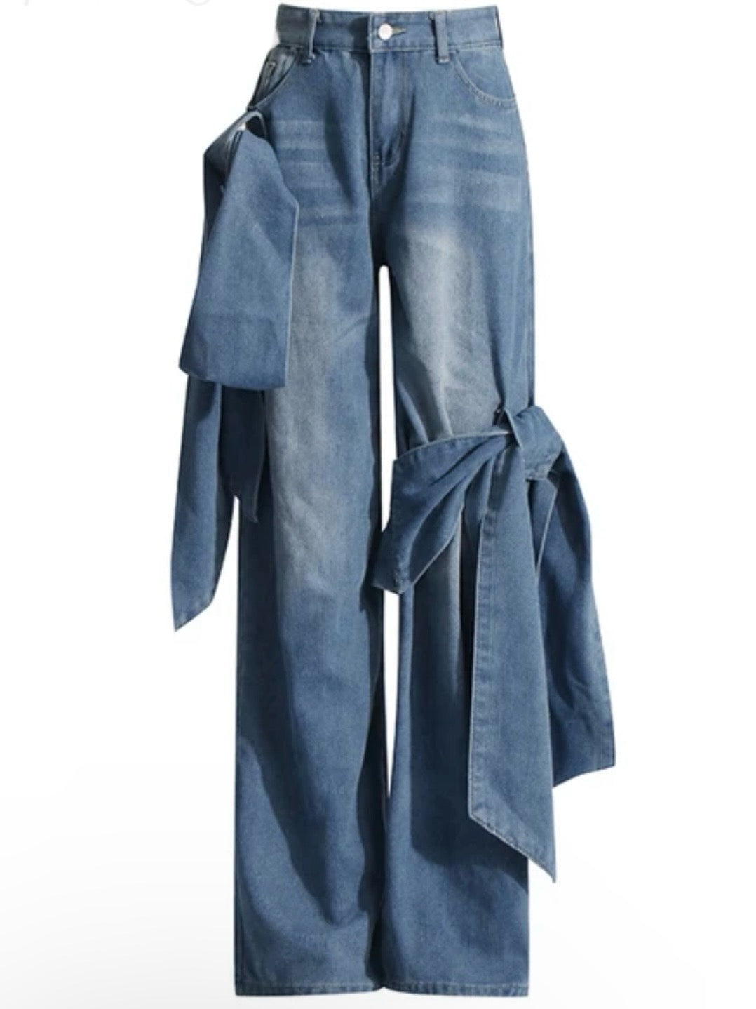 Mid blue bows straight jeans