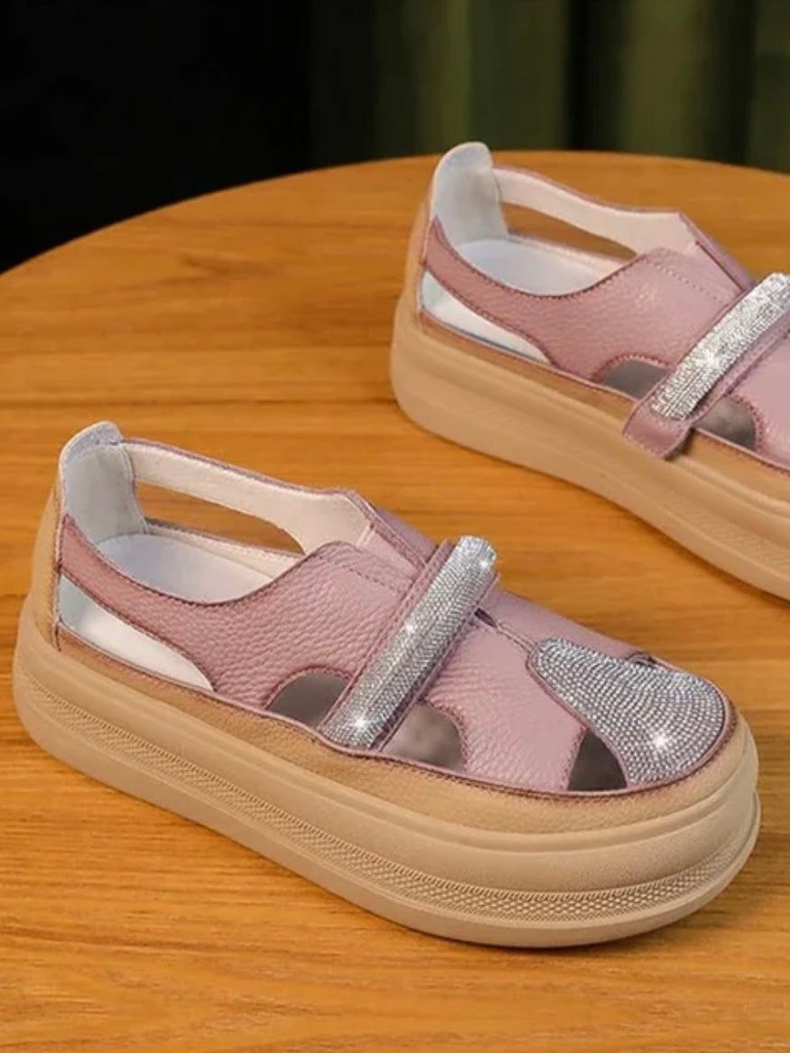 Beige and pink high heels platform sandals