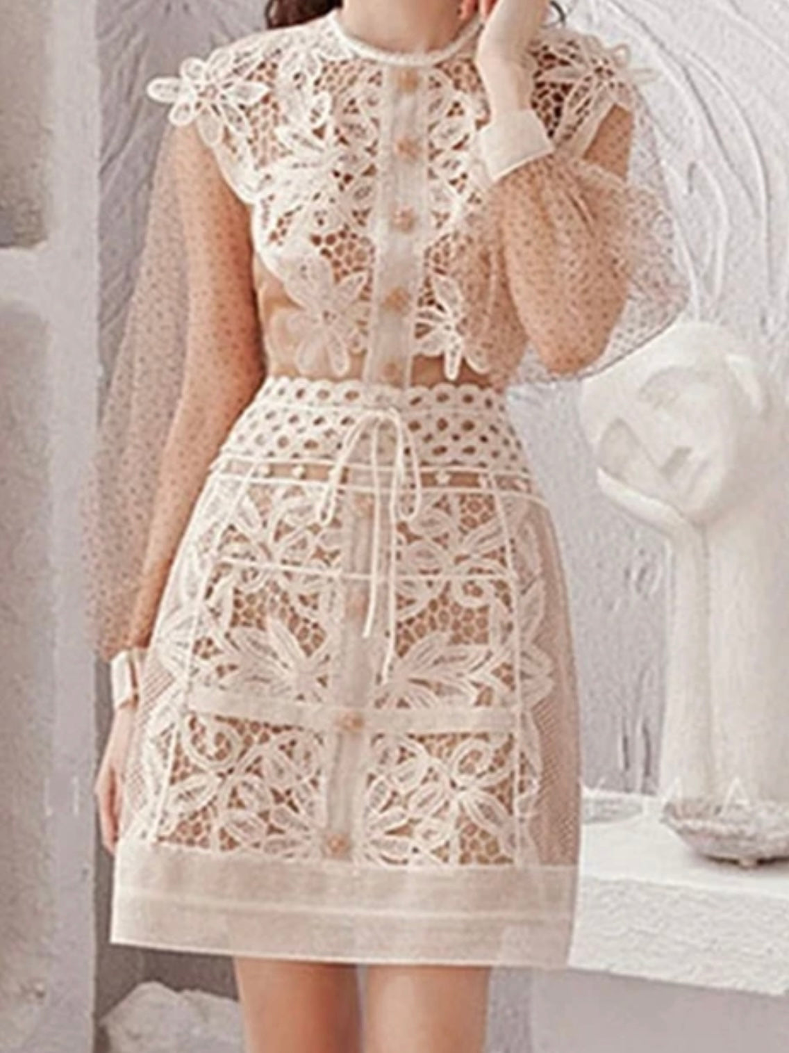 Beige set embroidered short dress