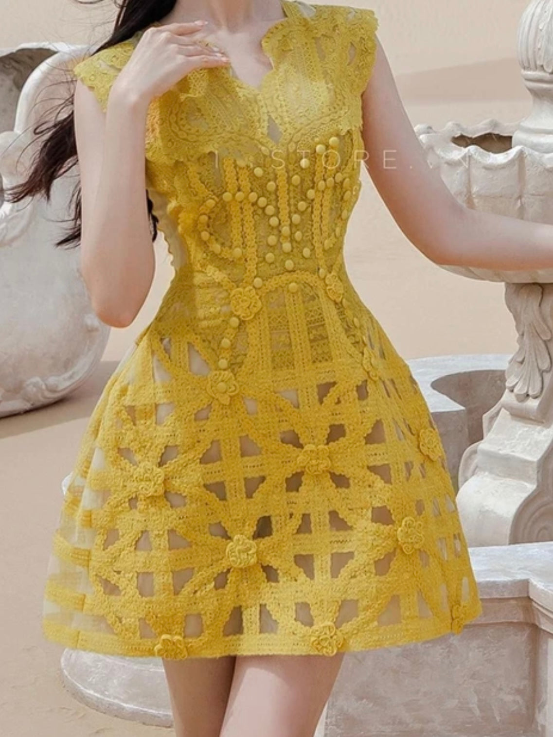 Yellow set embroidered short dress