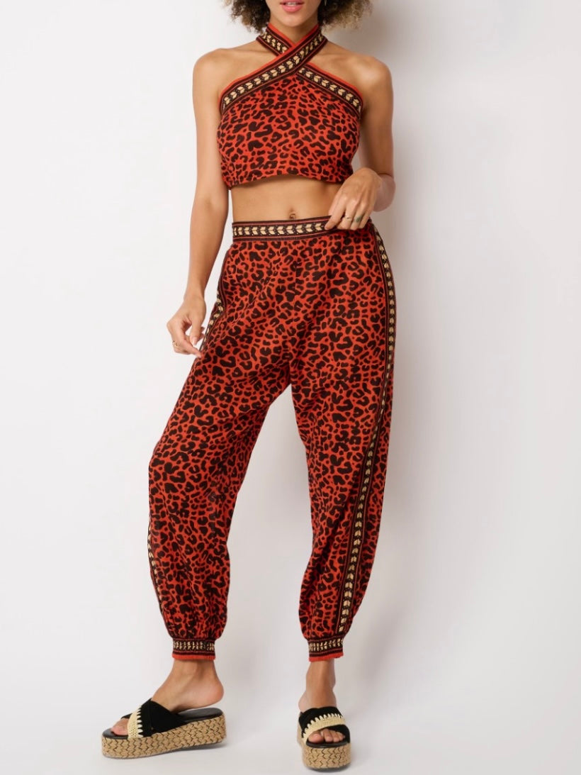 Black and red leopard print joggers