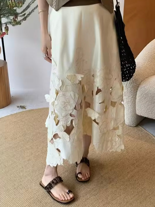 Beige lace floral maxi skirt