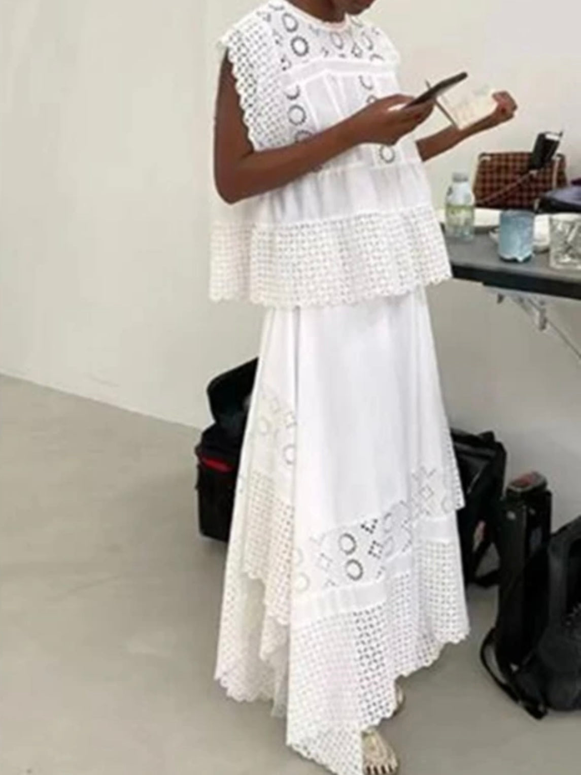 White set of 2 eyelet lace top and skirt
