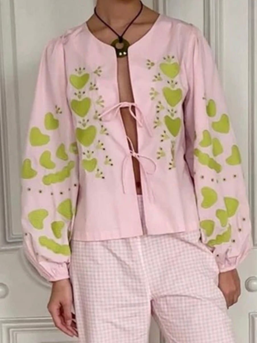 Pink and green hearts tied front shirt