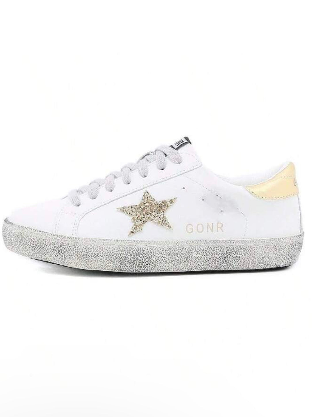 White and gold star dirty sneakers