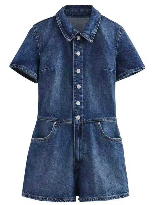 Dark blue washed denim romper
