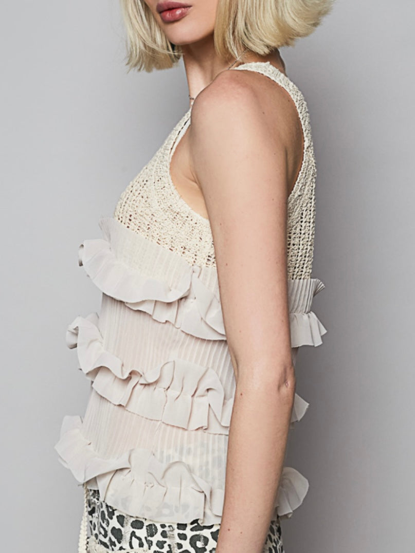 Beige sleeveless layered ruffle cutout top