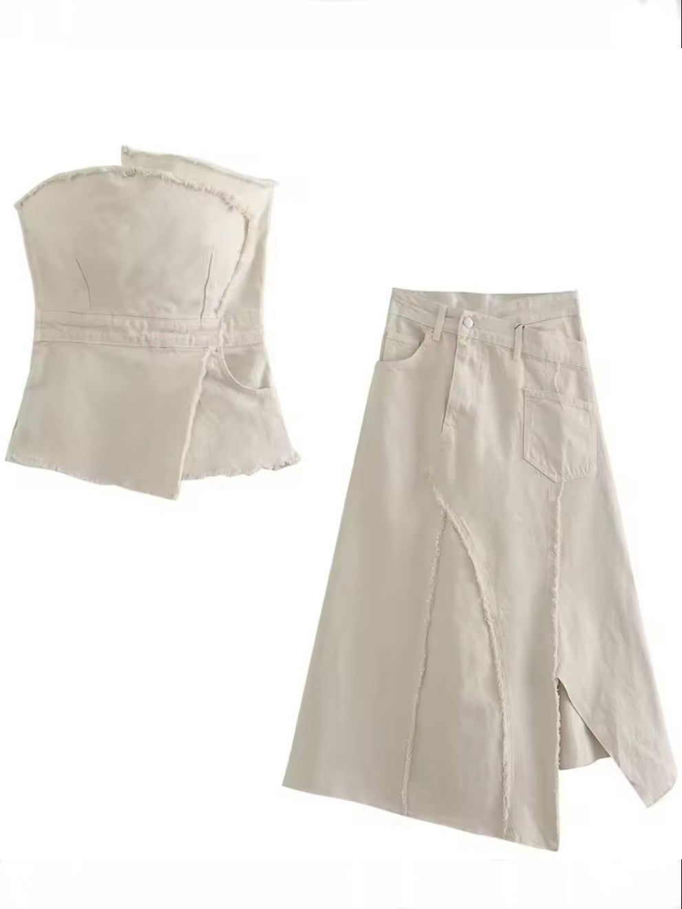 Off white Set of 2 strapless crop top and crossed front skirt