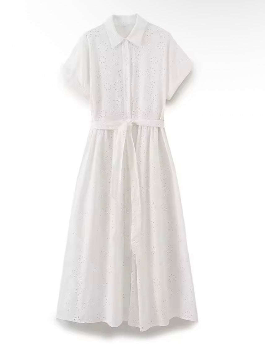 White buttoned short sleeves midi dress French style